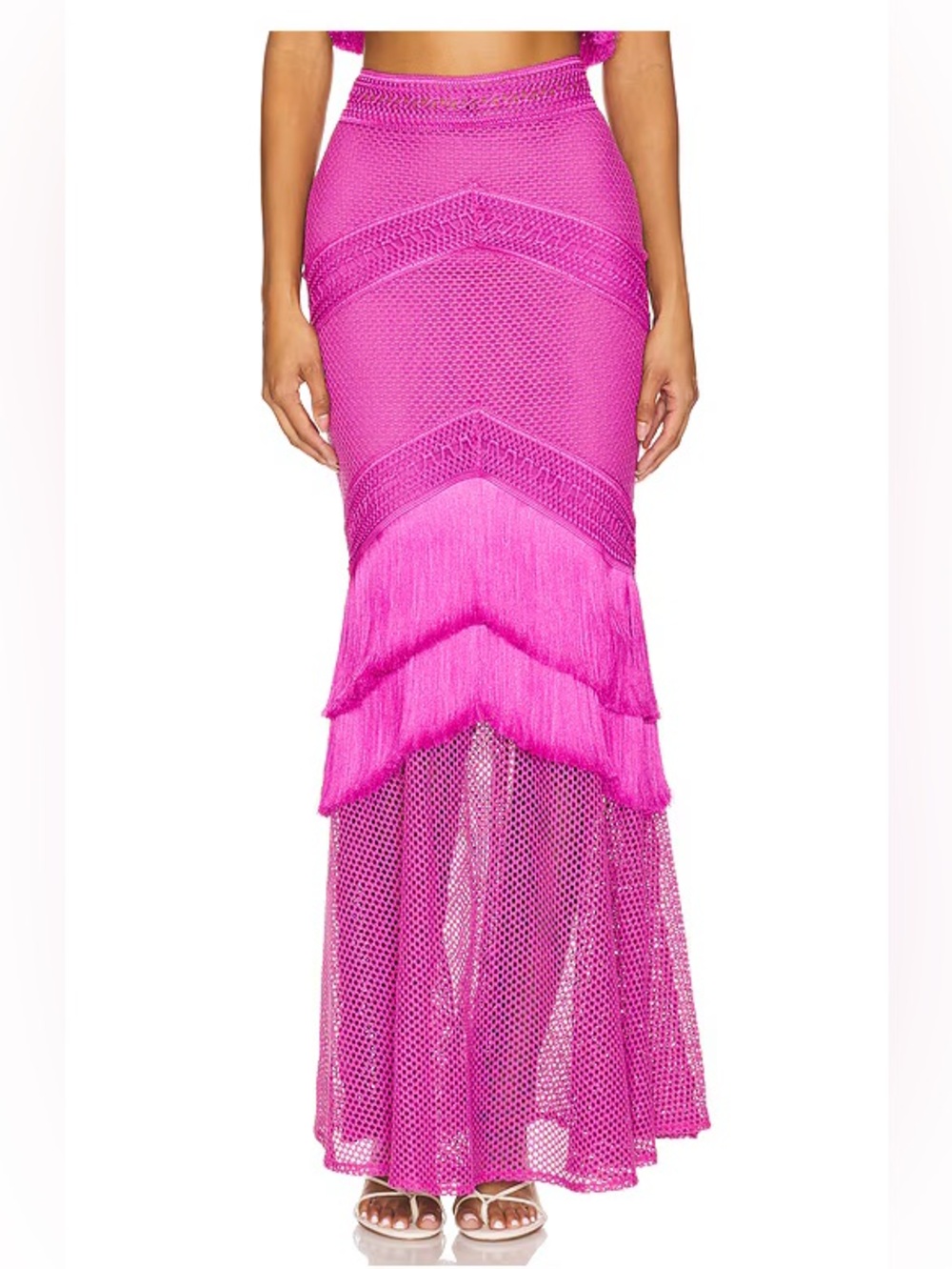 PatBO Fringe Maxi Skirt in Cerise